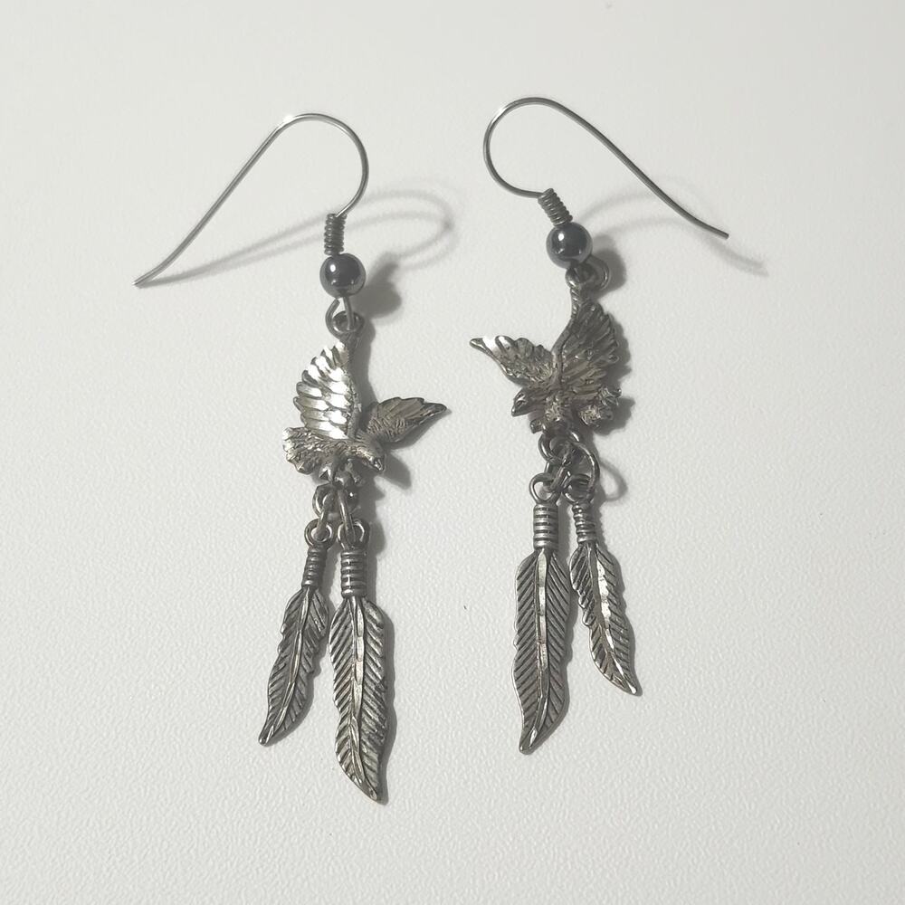 Sterling Silver Eagle Feather Dangle Earrings Bird Western Hook Pierced 5.59g